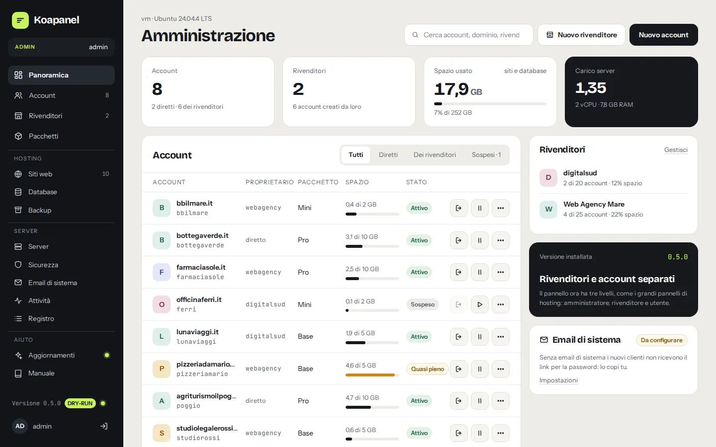 La panoramica dell'amministratore con account, rivenditori e stato del server