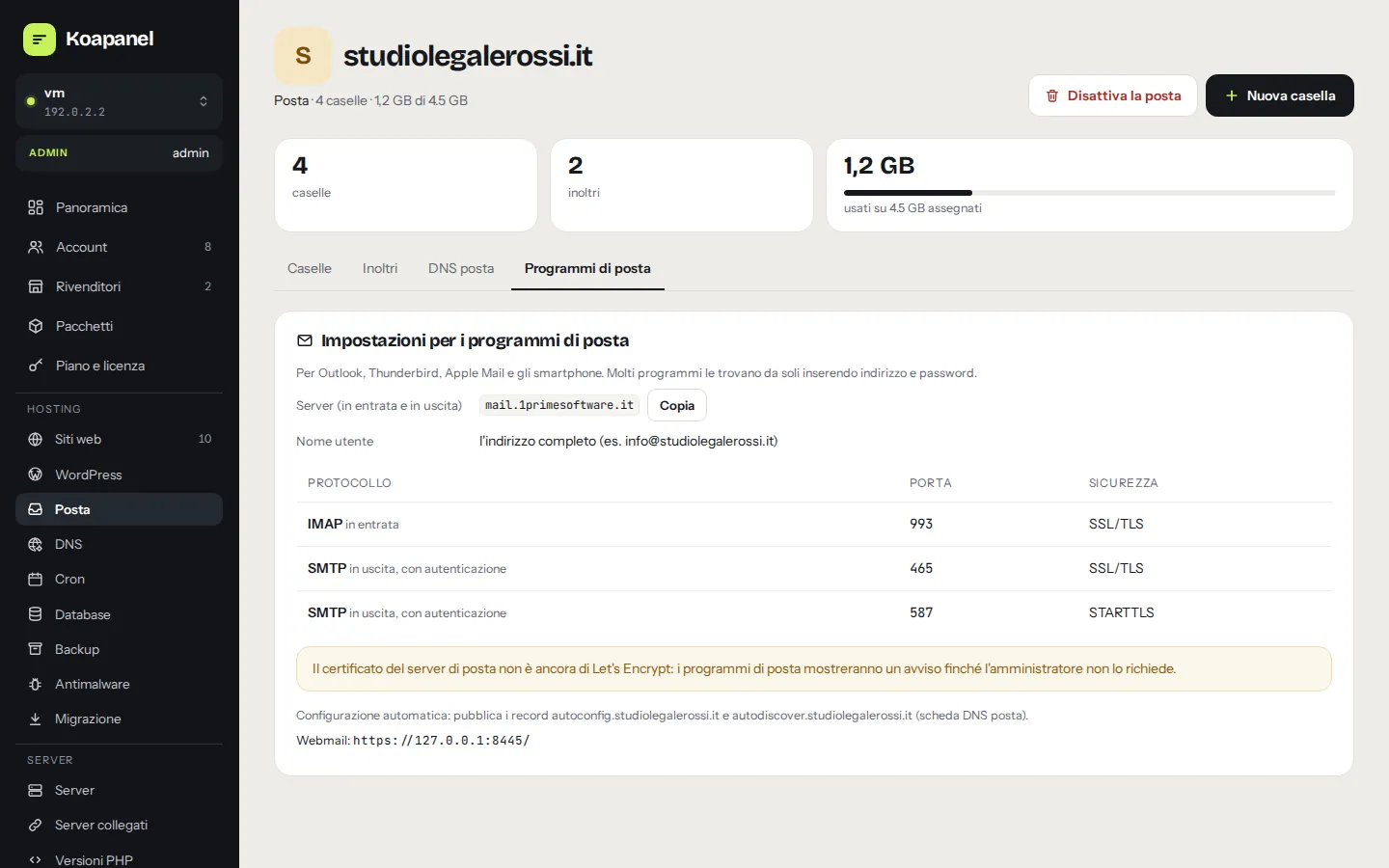 Impostazioni per i programmi di posta