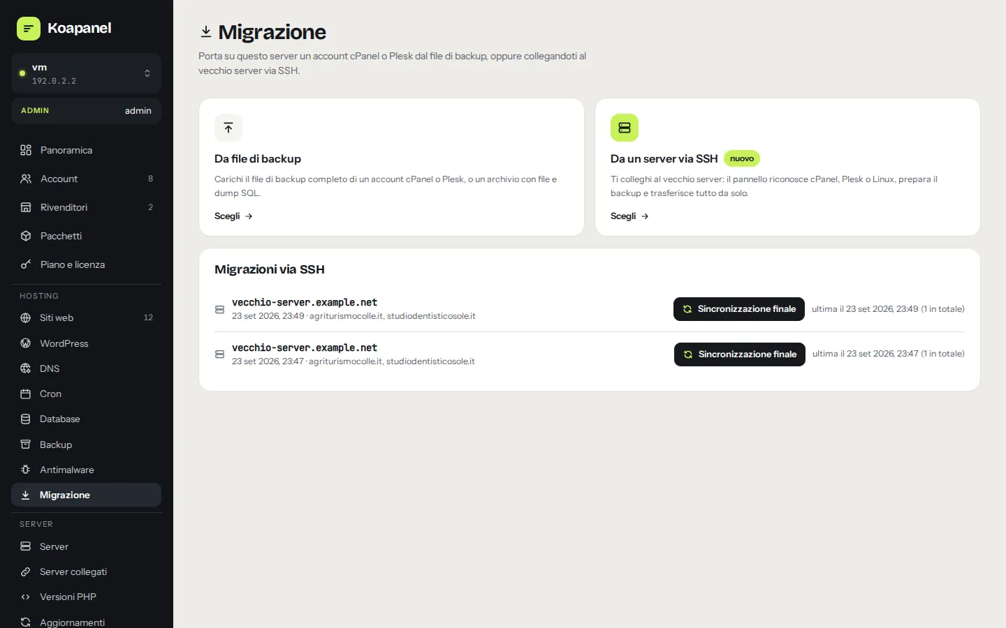Migrazione: scelta tra file di backup e server via SSH