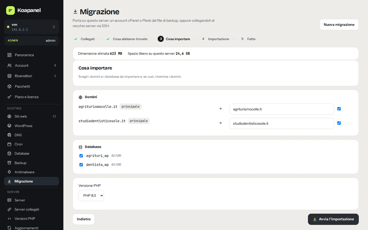 Scelta di domini e database da importare