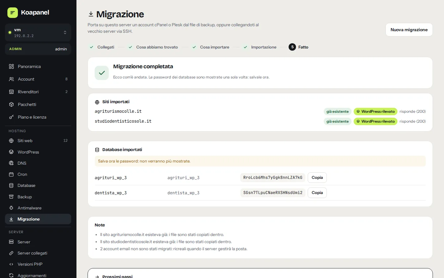 Report di fine migrazione con siti importati e password dei database