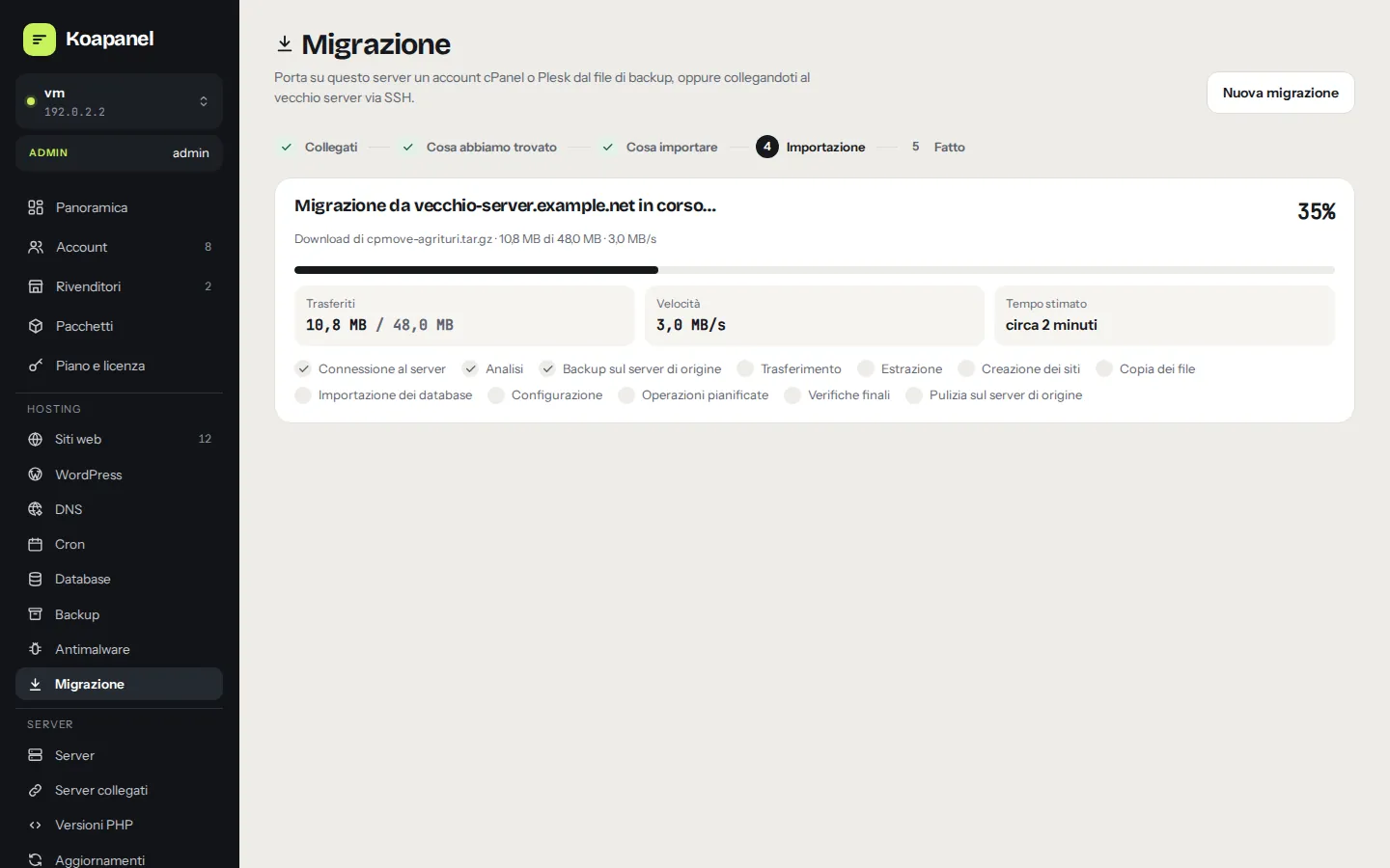 Migrazione via SSH in corso con dati trasferiti, velocità e tempo stimato