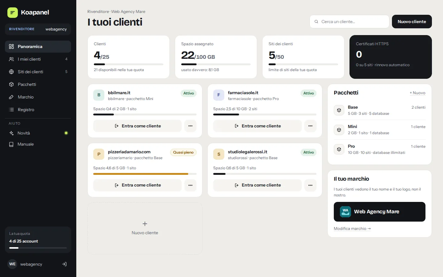 La home di un rivenditore: clienti, spazio e pacchetti