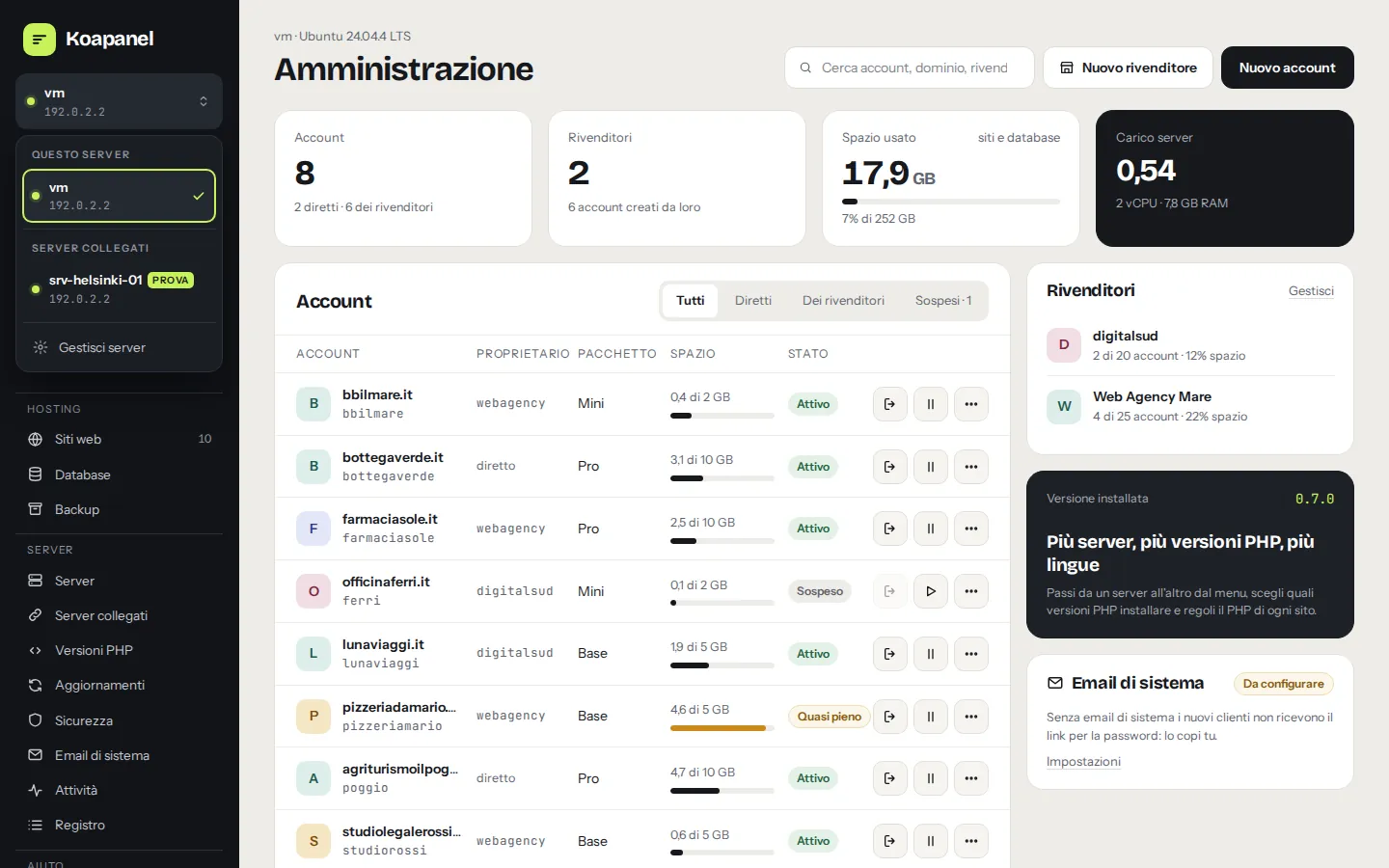 Il menu dei server collegati