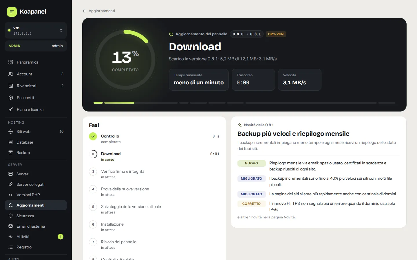 Aggiornamento del pannello: download con percentuale, tempo rimanente e fasi