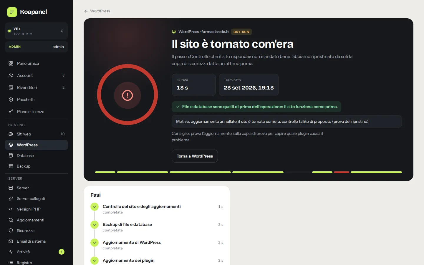 Aggiornamento WordPress non riuscito: il pannello ha ripristinato il sito com'era prima